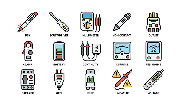 Electrical tools and devices illustration featuring multimeter and circuit components
