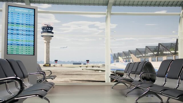 Airport departure lounge with no people present shows information screen with boarding updates, delays and departure gates. Unattended suitcases and backpacks in empty interior.