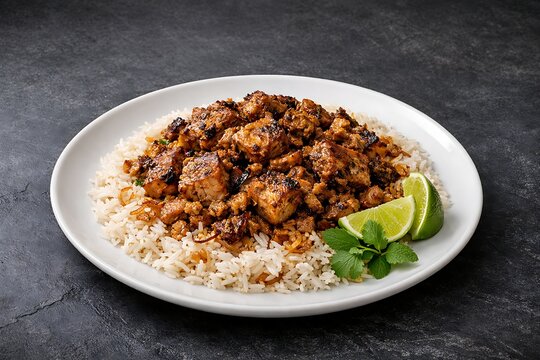 Jasheed, seasoned and grilled shark meat served over fragrant basmati rice with gulf spices, arranged on a modern white plate over elegant dark stone surface. 