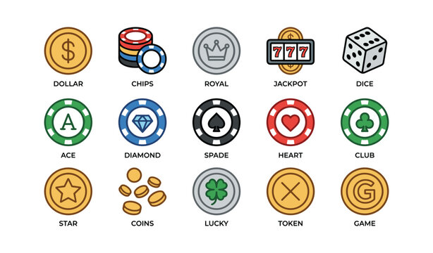 Casino icons set: chips, royal, jackpot, dice, ace, diamond, spade, heart, club, star, coins, lucky, token, game