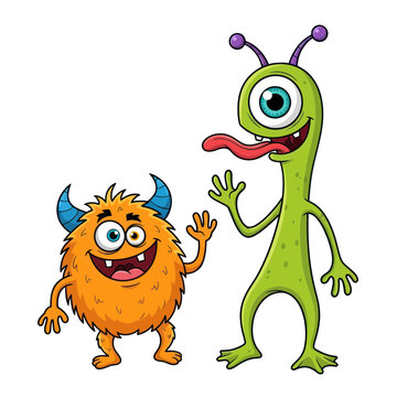 Cute cartoon monsters, friendly aliens, funny characters, illustration, white background