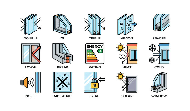 Illustrated icons of window types and features including energy and weather adaptations