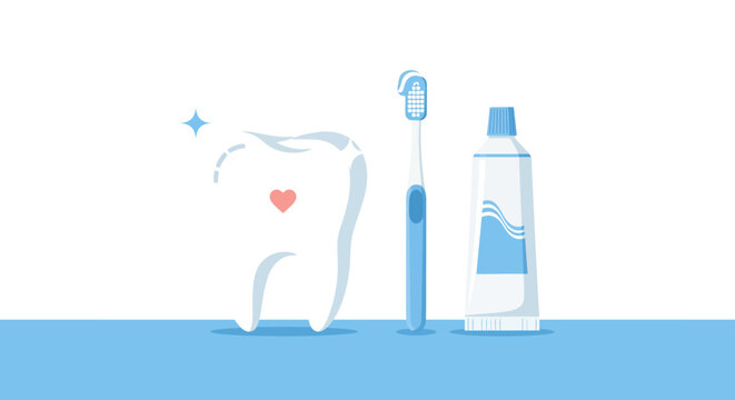 Dental hygiene illustration of a healthy tooth with a heart symbol, toothbrush, and toothpaste, promoting oral care and a bright smile