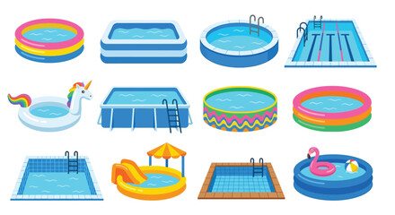 Collection of colorful inflatable and framed pools with accessories © vectors home