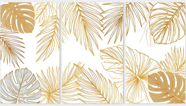 A triptych featuring stylized tropical leaves rendered in gold and white, creating a botanical and elegant aesthetic