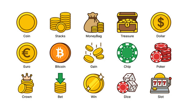 Assorted currency and gambling symbols including coins and dice