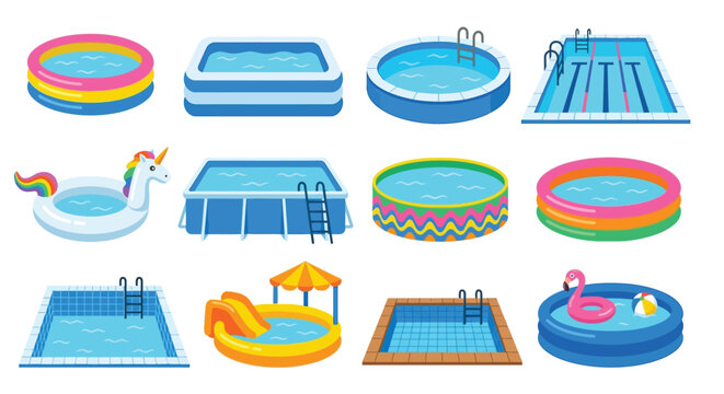 Collection of colorful inflatable and framed pools with accessories