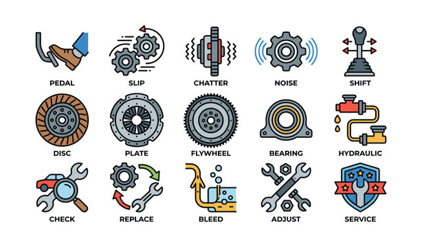 Automotive parts and repair icons featuring pedal, gears, wrench, flywheel, adjustment tools