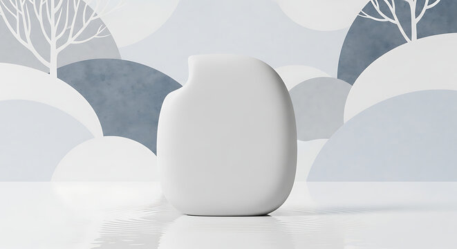 Minimalist abstract shape resembling a smooth stone or pod with a subtle bite mark, set against a soft pastel winter landscape backdrop, serene and modern product display
