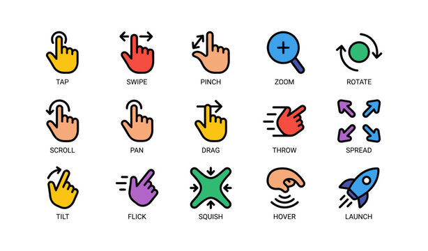 Colorful icons illustrating various touchscreen gestures and actions