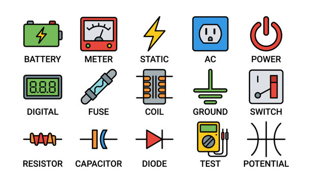 Electrical component icons: battery, fuse, resistor, capacitor, power switch