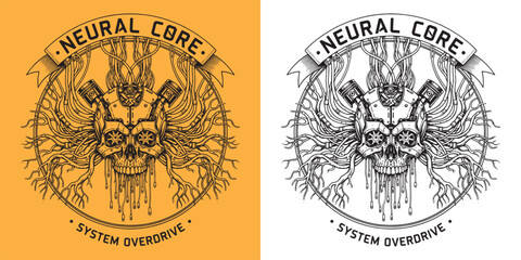 Fototapeta premium Cybernetic Skull with Mechanical Piston and Neural Cables Illustration