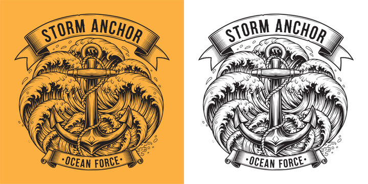 Nautical Anchor in Stormy Ocean Waves with Ribbon Banner