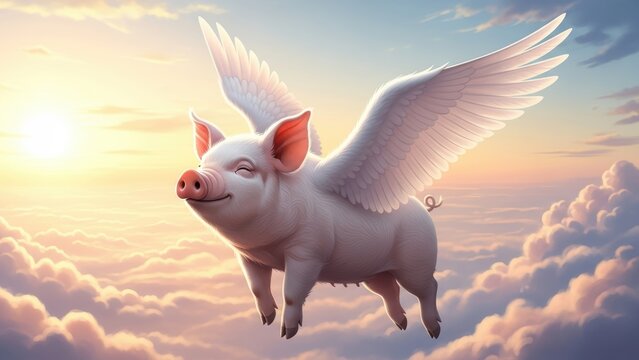 A happy pig with large white wings flying through the clouds at sunset.