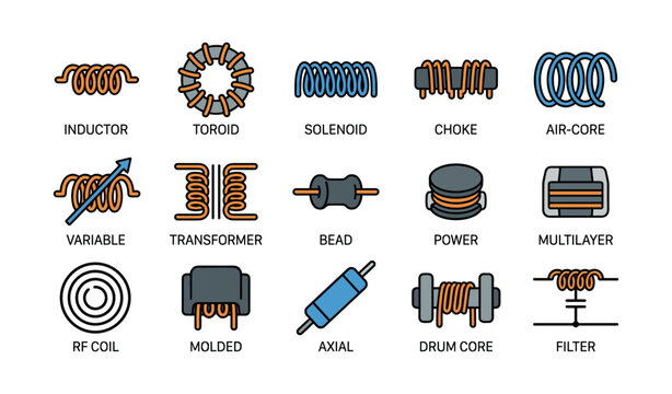 Various electronic components: inductor, toroid, solenoid, choke, filter, transformer, bead, coil, axial, drum core