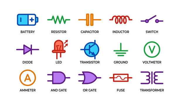 Electronic circuit symbols: battery, resistor, capacitor, inductor, switch, diode, led