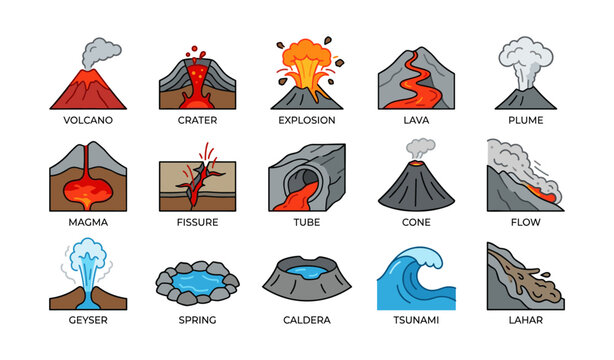 Volcano eruptions: lava, explosions, and natural disasters icons