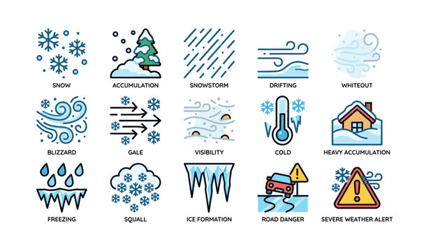 Winter weather conditions icons including snowstorm and severe weather alert