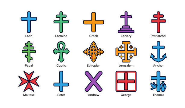 Twelve colorful christian cross symbols including latin, greek, and maltese variants