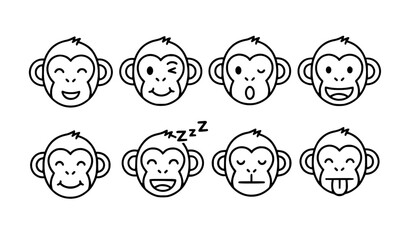 Six cute monkey icons different expressions black white vector © Mdsahag