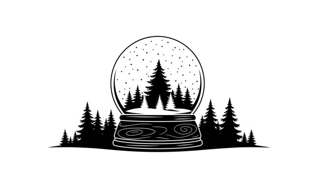 Black and White Snow Globe Vector with Pine Forest Illustration