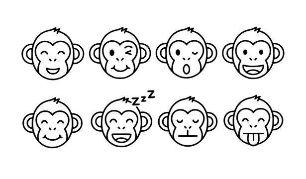 Six cute monkey icons different expressions black white vector