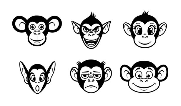 Six unique monkey faces cute icon set black white vector