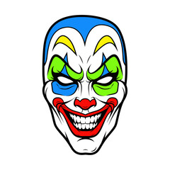 Fototapeta premium Creepy Clown Mask Face with Scary Smile and Blue, Green, Yellow Makeup