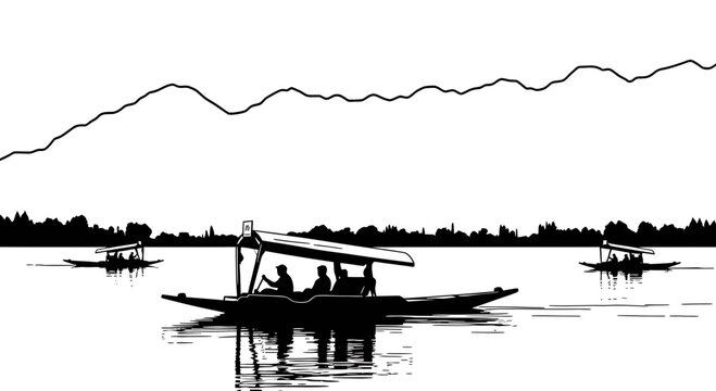 Minimalist Shikara Boat Silhouette on Dal Lake Kashmir Illustration