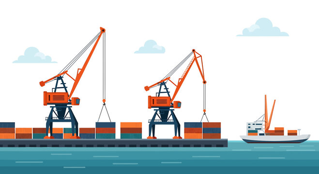 Industrial Seaport with Cargo Cranes and Container Ship Vector