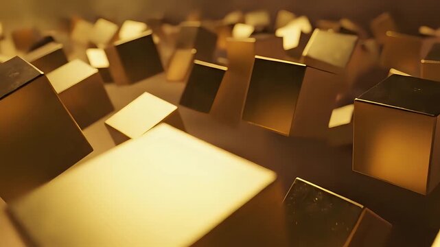 Abstract Golden Cubes Floating in a Warm Ambient Light.