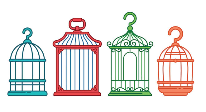 Four colorful birdcages in a row outlined in a simple cartoon style