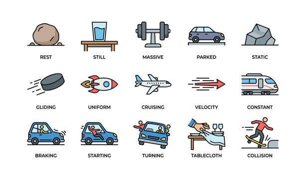 Illustrated concepts of motion and rest with vehicles, objects, and daily activities