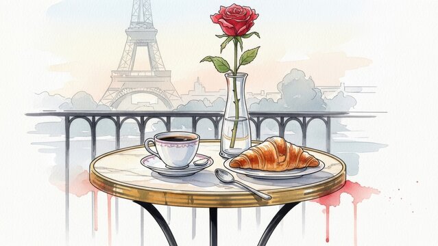 Watercolor illustration of a Parisian cafe scene with the Eiffel Tower.