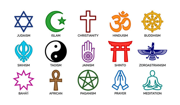 Symbols representing major world religions and spiritual practices