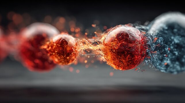 Abstract dynamic spheres colliding with fiery red and icy blue liquid elements