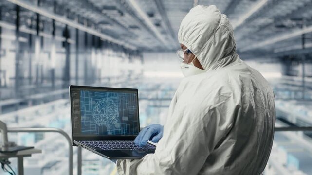 Hardware developers in microchip factory using AI to optimize semiconductor design. Industrial manufacturing plant experts use artificial intelligence to trial materials science, camera B
