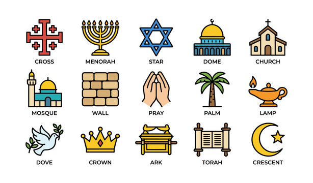 Religious symbols collection featuring cross, menorah, star, dome, mosque, dove, crown, and crescent