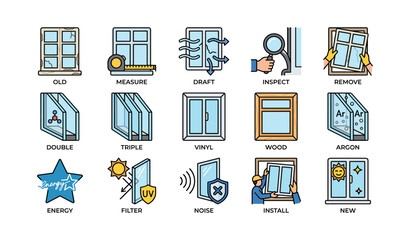 Obraz premium Window types and features: double, triple, vinyl, wood, argon, energy, noise, uv filter
