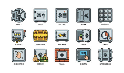 Fototapeta premium Collection of secure safes and lock icons for banking and security