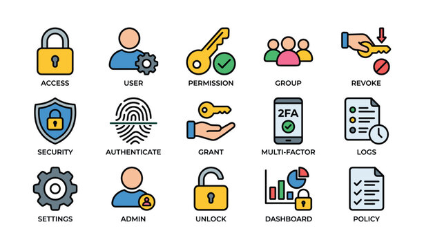 Colorful icons illustrating security, user management, and authentication concepts