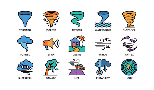Illustrated tornado icons: funnel clouds, twisters, and weather effects
