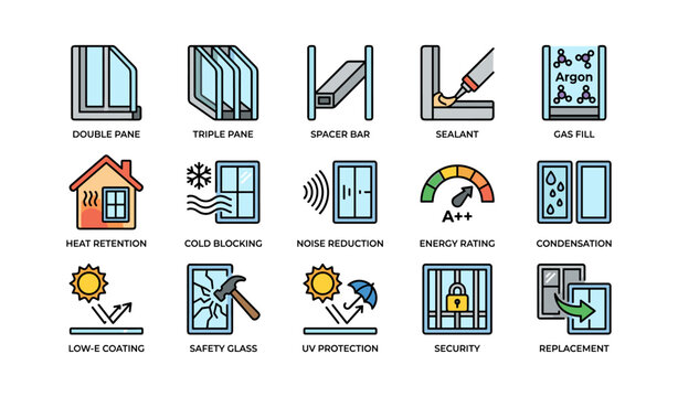 Windows energy efficiency icons set: double pane, triple pane, uv protection, noise reduction, security