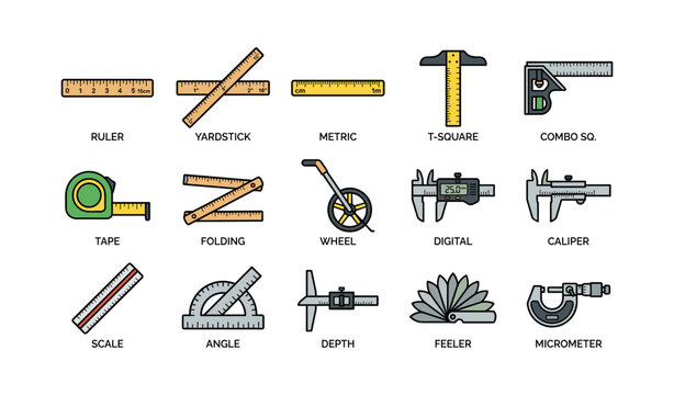 Variety of measuring tools: ruler, caliper, t-square, tape, micrometer, and more
