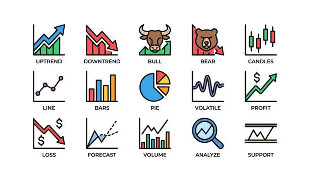 Financial charts and symbols: bull, bear, candles, and trend lines for market analysis