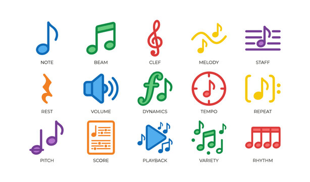 Colorful music symbols: notes, clefs, dynamics, and more