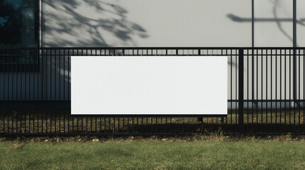 Obraz premium Blank white banner for advertisement on the fence. Residential area on a sunny summer day.