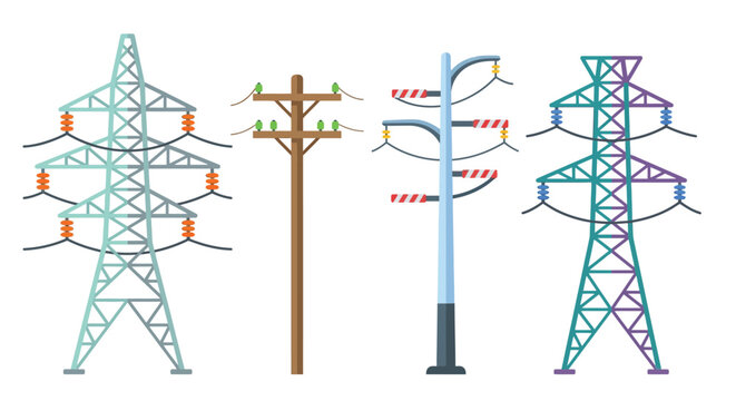 Illustration of various electrical power transmission towers and utility poles