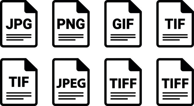 Black and white icons of common image file formats including jpg png gif tif jpeg and tiff