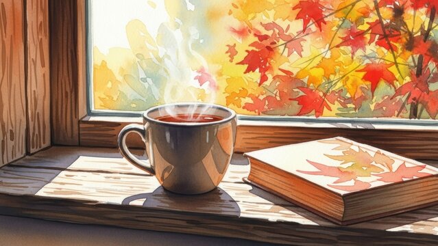 Cozy autumn scene with a steaming mug and a book by a window.